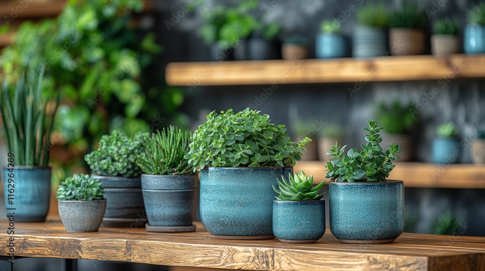 Fototapeta premium Indoor herb garden with potted plants on rustic shelves