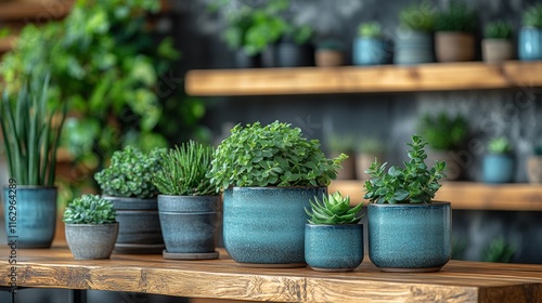 Indoor herb garden with potted plants on rustic shelves