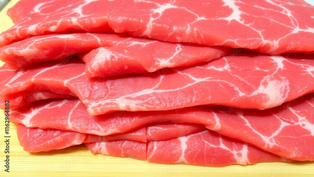 Close-up of fresh raw beef slices, perfect for food, cooking, or meat industry themes, showcasing texture and quality for culinary projects. Close-up of fresh raw beef slices, perfect for food, cooking, or meat industry themes, showcasing texture and quality for culinary projects.