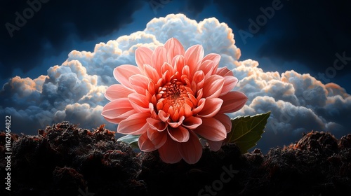 A vibrant pink dahlia flower blooms against a dramatic cloud background.