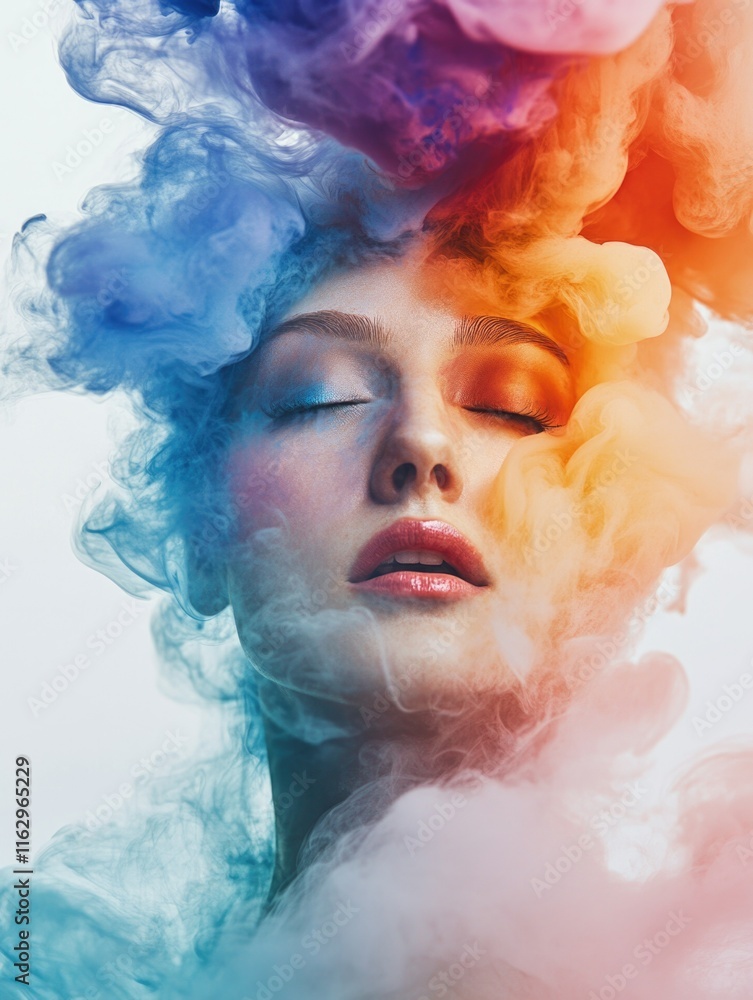 An artistic portrait of a woman with her eyes closed, set against a backdrop of vibrant smoke An artistic portrait of a woman with her eyes closed, set against a backdrop of vibrant smoke