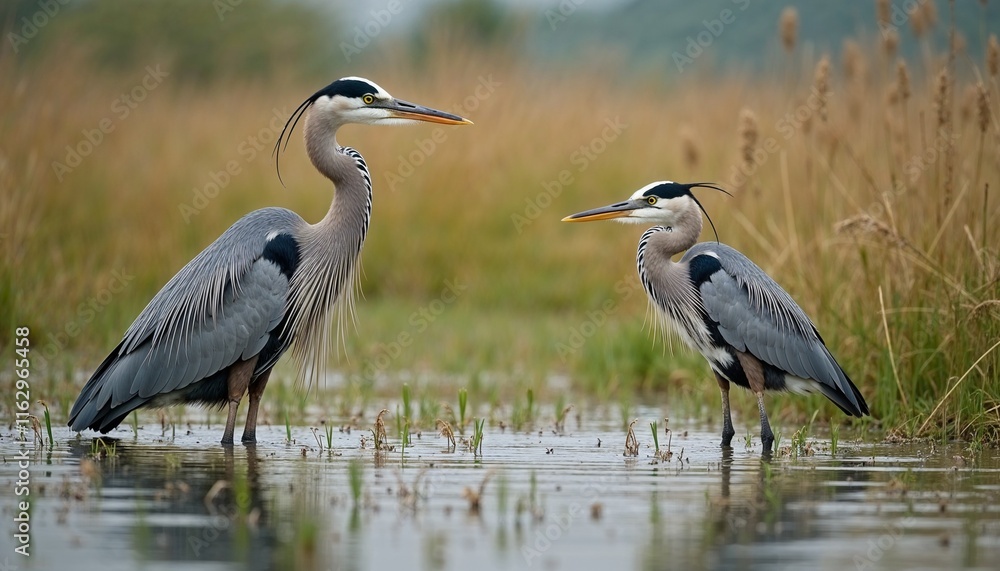 Obraz premium Two great blue herons standing gracefully in wetland environment near calm water