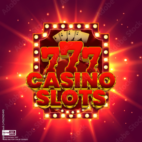 777 casino slots editable 3d vector text style effect with casino poker cards and shining spotlight background