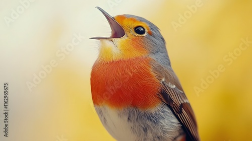 Colorful Robin Songbird Singing on Pastel Yellow Background photo