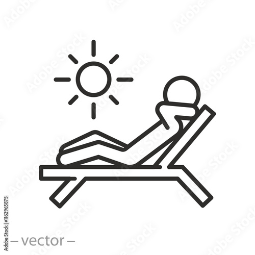 sun bath icon, sunbathing person, human on chaise lounge, natural tan, thin line vector illustration eps10