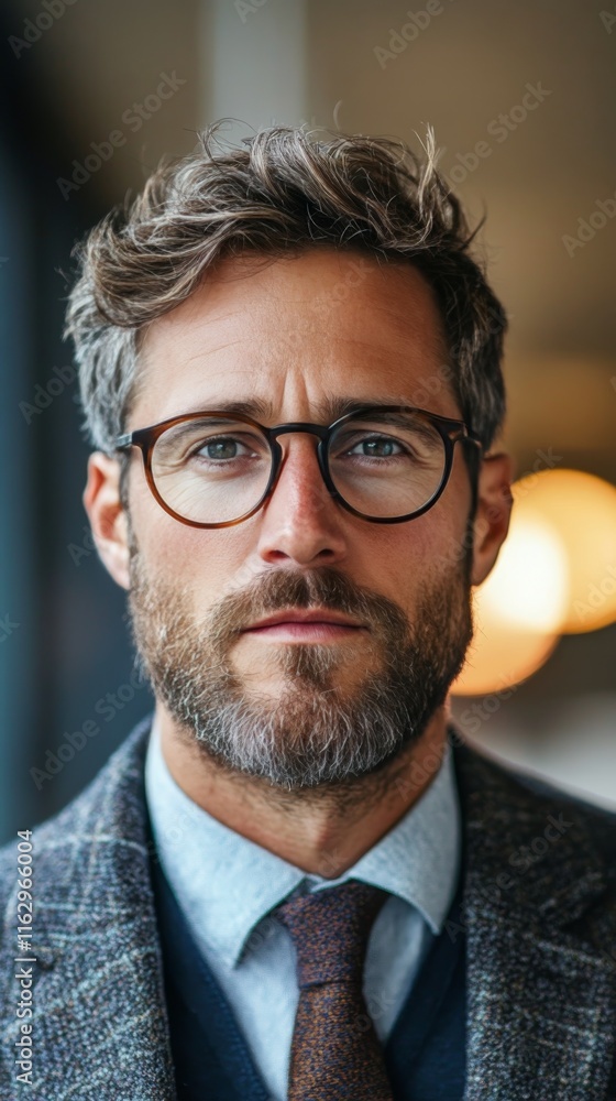 Professional man with glasses poses confidently in a formal suit against a dark background Professional man with glasses poses confidently in a formal suit against a dark background