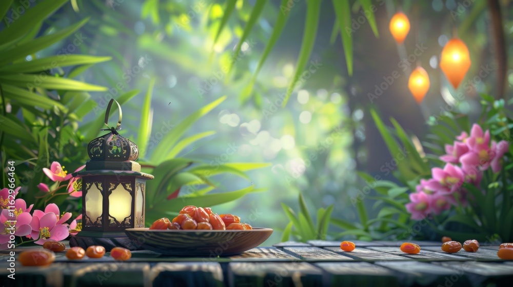 concept Ramadan Kareem with plate of dates Iftari and ancient Arabic lantern on a vector wooden background and flower concept Ramadan Kareem with plate of dates Iftari and ancient Arabic lantern on a vector wooden background and flower