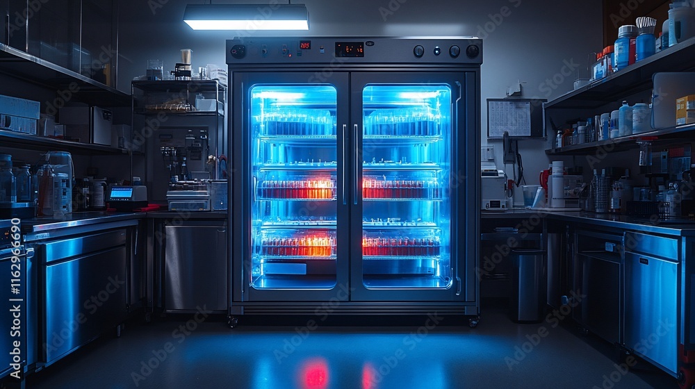 Laboratory Refrigerator Holding Samples In Blue Light Laboratory Refrigerator Holding Samples In Blue Light