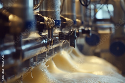 Industrial process with flowing liquid in manufacturing facility at daytime photo