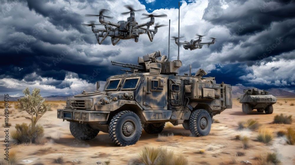 Fototapeta premium Futuristic mobile air defense unit patrolling desert landscape under stormy sky
