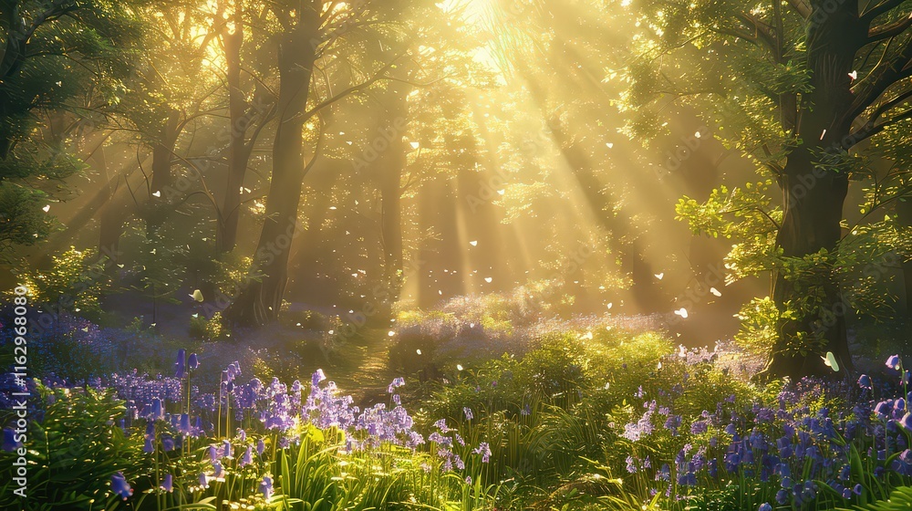 Fototapeta premium A tranquil forest clearing with sunbeams streaming through the trees, illuminating a carpet of bluebells in bloom. 