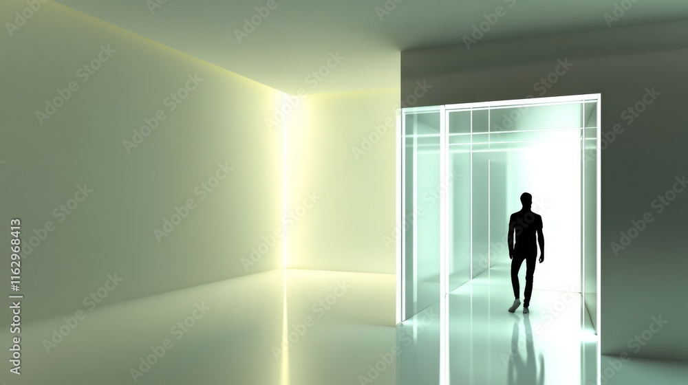 A person walking through a modern doorway. A person walking through a modern doorway.