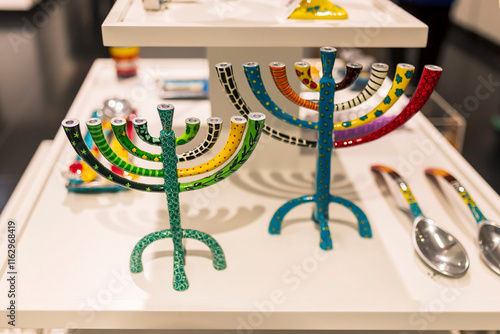 A colorful Hanukkah menorah decorated with mosaic. photo