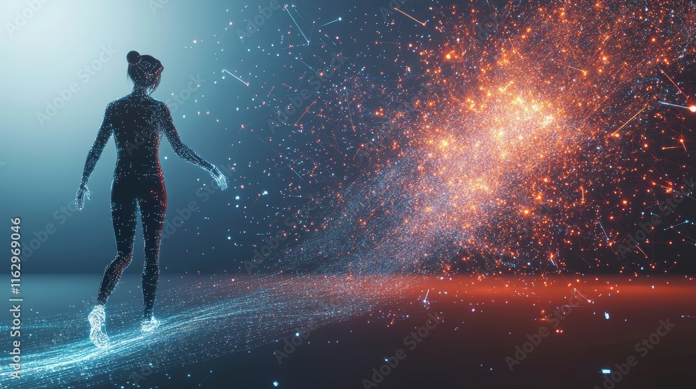 Obraz premium A silhouette exploring vibrant cosmic energy.