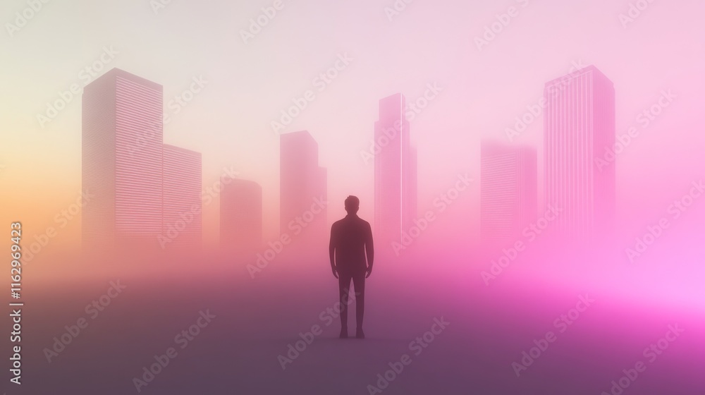 A solitary figure in a colorful, foggy cityscape. A solitary figure in a colorful, foggy cityscape.
