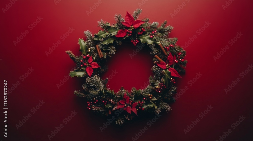 A vibrant circular wreath adorned with red flowers, green foliage, and cinnamon sticks is displayed against a rich red background, creating a festive holiday atmosphere A vibrant circular wreath adorned with red flowers, green foliage, and cinnamon sticks is displayed against a rich red background, creating a festive holiday atmosphere