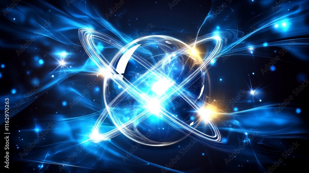 Obraz premium Abstract atomic structure in vibrant blue light.