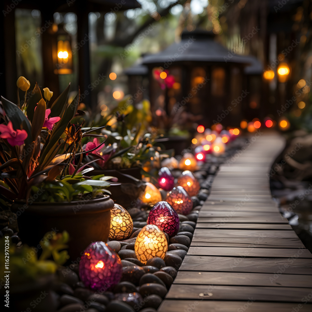 Fototapeta premium Illuminated Decorative Garden Egg Lights for a Festive Easter Ambience - Generative AI