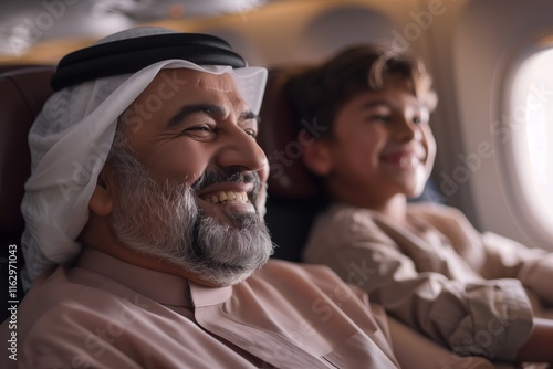 A joyful moment shared between a man and a child aboard an airplane, showcasing the joy of travel together. photo