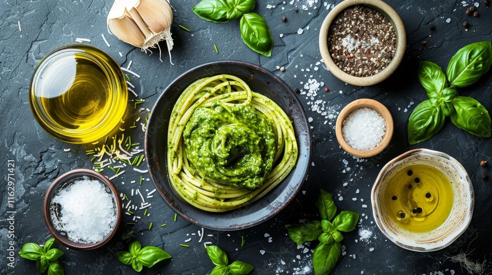 Delicious fresh pasta with pesto and fragrant herbs on dark concrete surface flat lay Delicious fresh pasta with pesto and fragrant herbs on dark concrete surface flat lay
