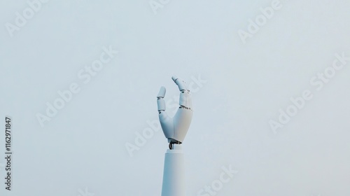 A robotic hand poised in a human-like gesture, symbolizing empathy, connection, and the integration of AI with human emotional and technological boundaries. photo