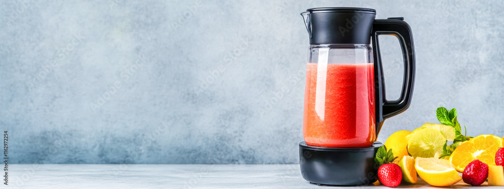 Naklejka premium Electric blender making fresh smoothie with various fruits and herbs