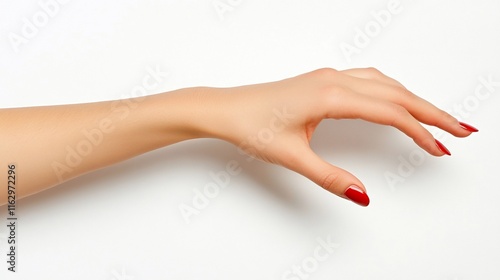 Woman's hand with red nails,  reaching, isolated on white.