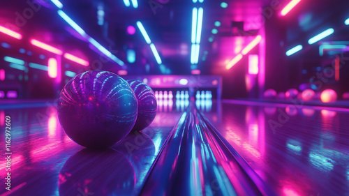 Obraz na płótnie Futuristic Bowling Alley with Neon Lights Reflecting on Glossy Bowling Balls at Night w salonie