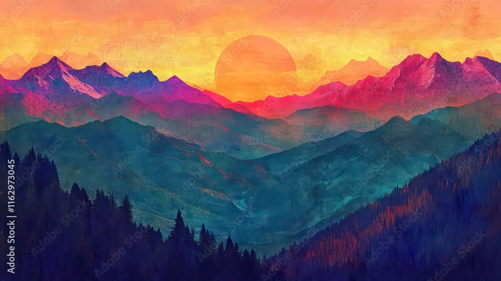Obraz premium Colorful mountains with a vibrant sunset over a forested landscape