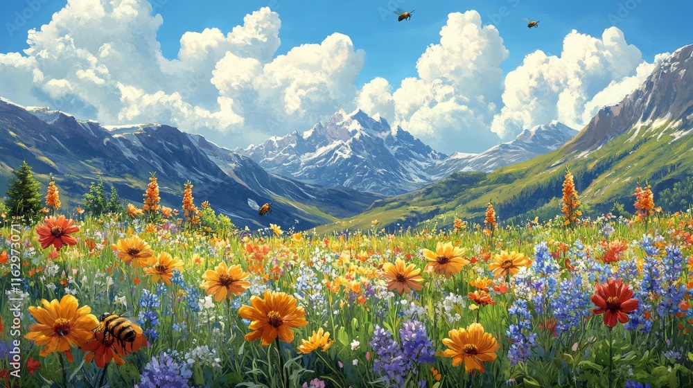 Fototapeta premium Vibrant wildflowers bloom in a sunny mountain valley with clear blue skies
