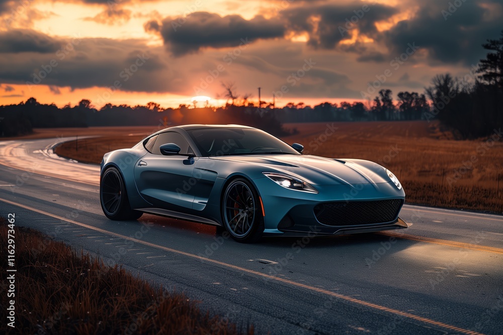 Fototapeta premium A sleek blue sports car drives along a winding road at sunset, showcasing modern design and speed.