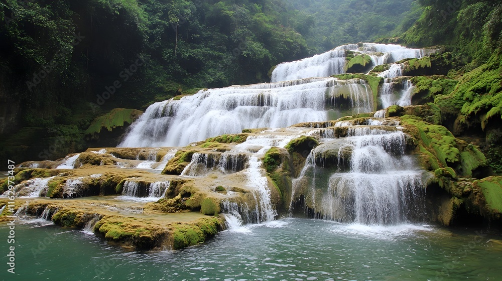 Obraz premium Cascading Waterfall in Lush Green Forest Surrounded by Moss Covered Rocks
