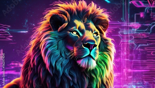 A Lion in NEON STYLE, Futuristic photo