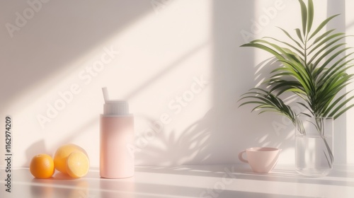Bright, fresh scene with lemon and plant.