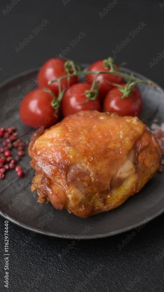 Delicious juicy chicken thighs baked with salt, spices and herbs in a ceramic plate on a dark concrete background Delicious juicy chicken thighs baked with salt, spices and herbs in a ceramic plate on a dark concrete background