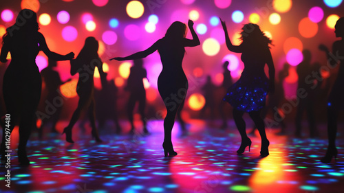 Vibrant Dance Party Scene with Colorful Lighting, Energetic Crowd, and Joyful Atmosphere Full of Movement