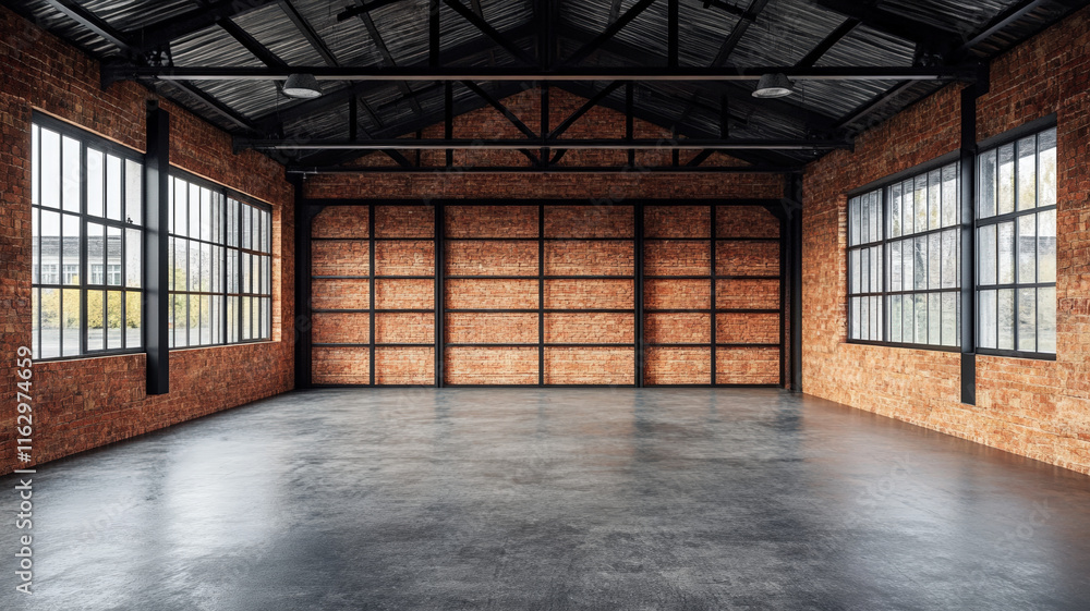 custom made wallpaper toronto digitalSpacious industrial loft interior with red brick walls, large windows, and concrete floor, modern architectural design.