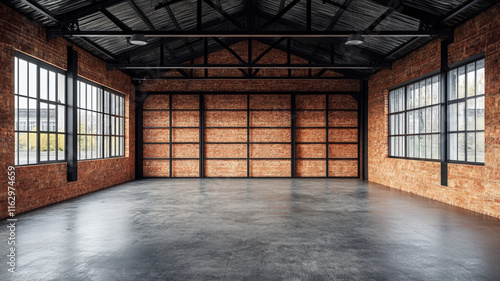 Wallpaper Mural Spacious industrial loft interior with red brick walls, large windows, and concrete floor, modern architectural design. Torontodigital.ca