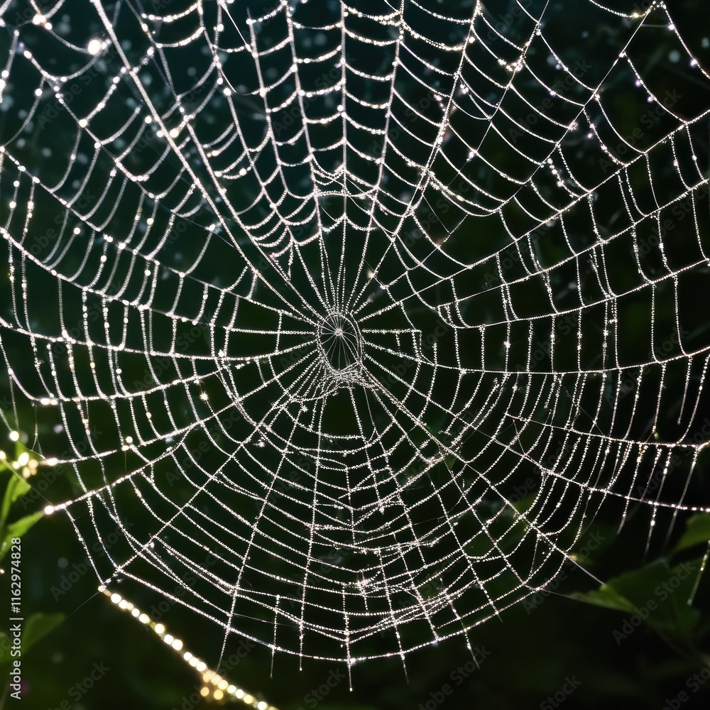 Obraz premium A dew-laden spiderweb shimmers in the darkness capturing the intricate beauty of nature's delicate artistry.