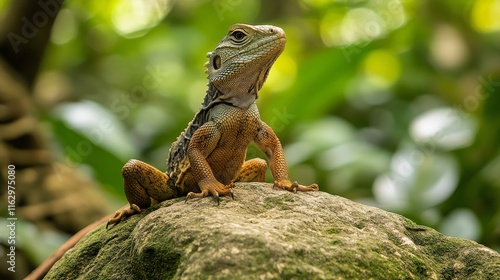 Lizard resting on a rock with blurred forest background during midday sunlight photo