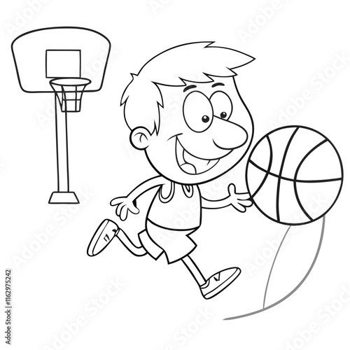 Basketball Boy: A cartoon illustration of a boy dribbling a basketball with a basketball hoop in the background, perfect for kids' books, coloring pages, and sports-themed projects. 