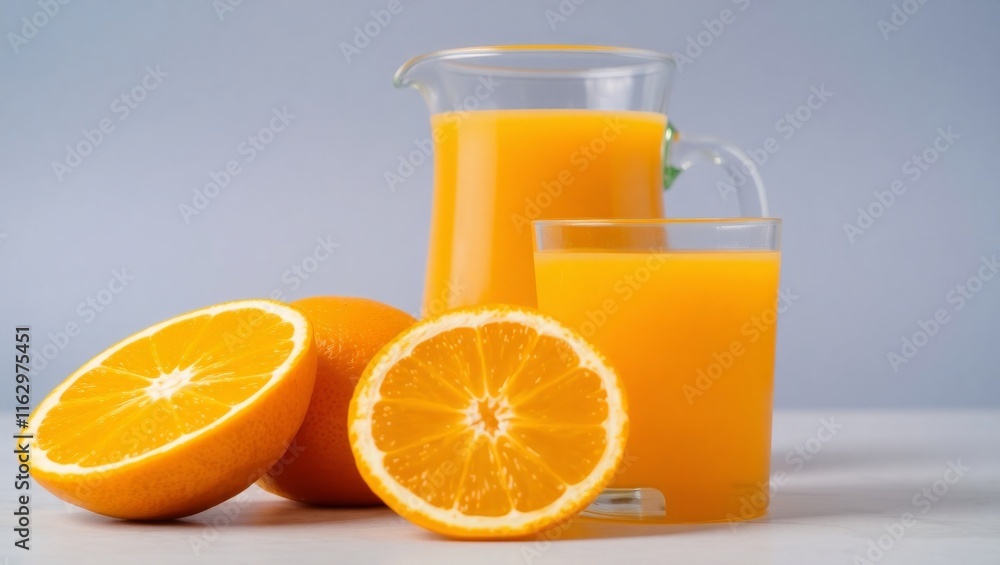 Freshly squeezed orange juice in a clear glass pitcher accompanied by halved and whole ripe oranges on a light background. Freshly squeezed orange juice in a clear glass pitcher accompanied by halved and whole ripe oranges on a light background.