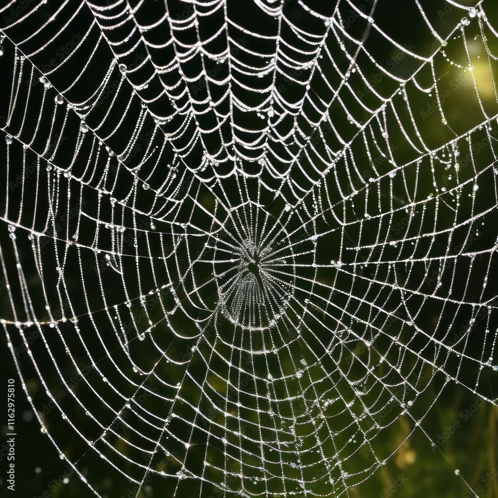 Naklejka premium A dew-laden spiderweb shimmers in the darkness capturing the intricate beauty of nature's delicate artistry.