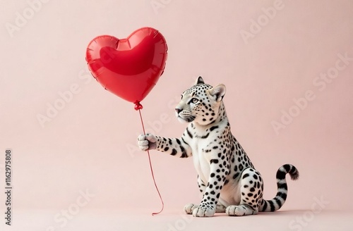 Happy Valentine's Day. Snow leopard holds red shiny foil balloon in shape of heart. Advertising banner, funny poster for holiday sale, greeting card. White background, space for text, copy space photo