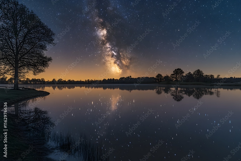 Starry Night Reflection over Tranquil Lake with Milky Way Galaxy Starry Night Reflection over Tranquil Lake with Milky Way Galaxy