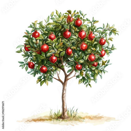 A watercolor drawing of a pomegranate tree, isolated on a white background. Pomegranate vector.
