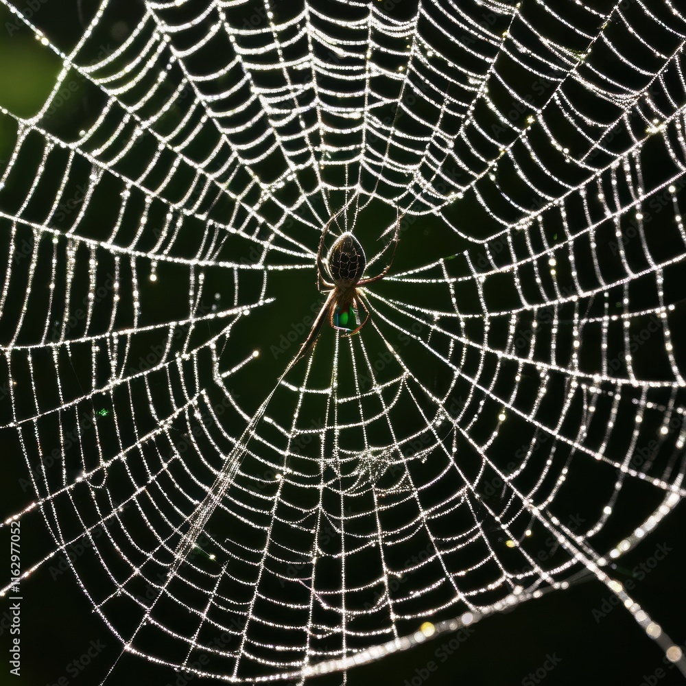 Obraz premium A dew-laden spiderweb shimmers in the darkness capturing the intricate beauty of nature's delicate artistry.