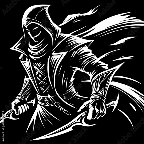 Black-and-white silhouette of cloaked warrior or assassin with knife