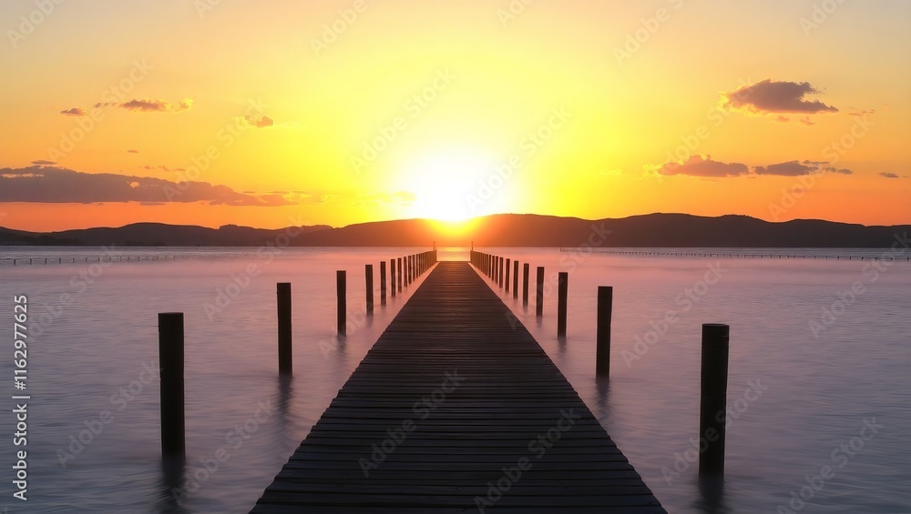 Wooden pier stretching into a calm lake at sunset, with warm golden hues and silhouetted hills in the background, creating a serene and tranquil ambiance. Wooden pier stretching into a calm lake at sunset, with warm golden hues and silhouetted hills in the background, creating a serene and tranquil ambiance.