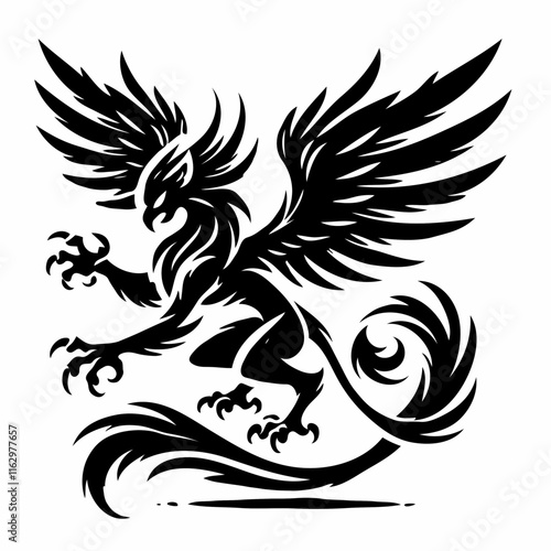 Black-and-white illustration of a griffin in dynamic pose